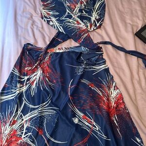 Vintage 2 piece navy red wrap skirt/top 60s-70s